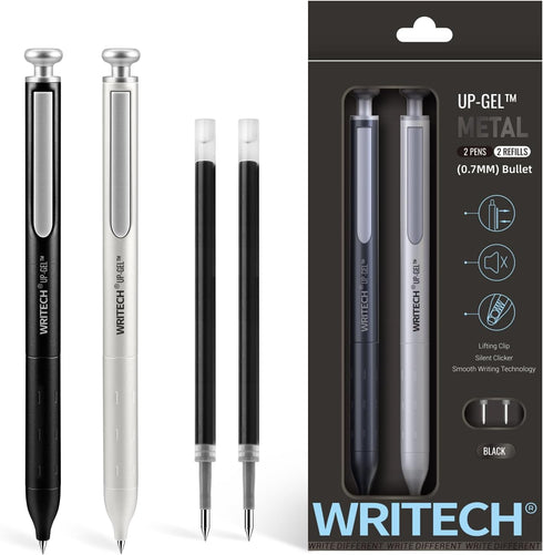 WRITECH Gel Pens Fine Point: Premium Metal Barrel Retractable 0.7mm Black Ink Pen 2ct with 2 Refills No Smear & Bleed Quick Dry Smooth Writing Sil...