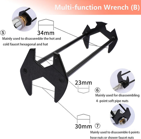 2 Pcs Four-jaw Hex Wrench, Basin Wrench Set, 7 Sizes Carbon Steel Multifunctional Sink Wrench, Tight Spaces Maintenance Installation Removal Fauce...