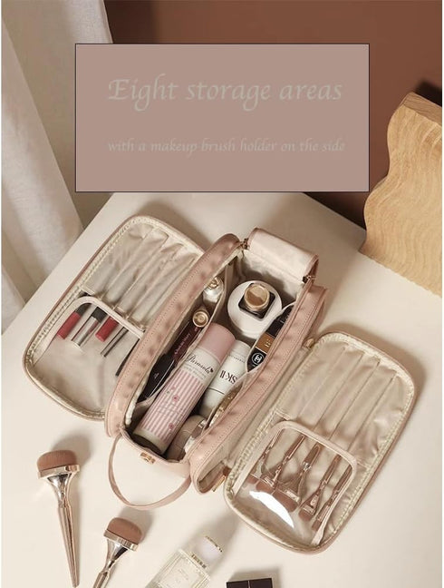 Multi-Functional Leather Cosmetic Organizer Bag - Waterproof Makeup Storage for Home and Travel - Nail Polish, Brush Holder, Skincare Essentials C...