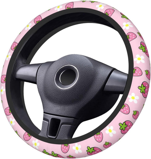 Cute Strawberry Steering Wheel Cover Anti-Slip and Practical 14.5-15 Inch Universal Steering Wheel Cover with 2 Pieces Car Coasters Suitable for M...