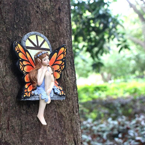 Fairy Out The Window Tree Hugger Garden Statue, Glow in The Dark Resin Fairy Figurine Wall Art Sculpture Outdoor Tree Faces Decor for Patio Lawn Y...