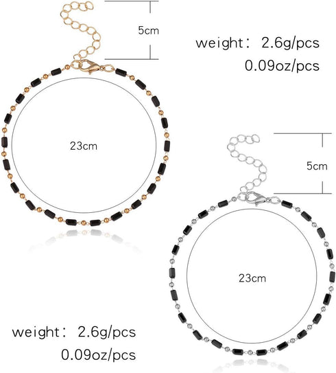Black Crystal Beads Anklet Dainty Black Glass Bar Beads Link Chain Anklet Bracelet for Women Girls Barefoot Sandal Vacation Bikini Jewelry-silver...