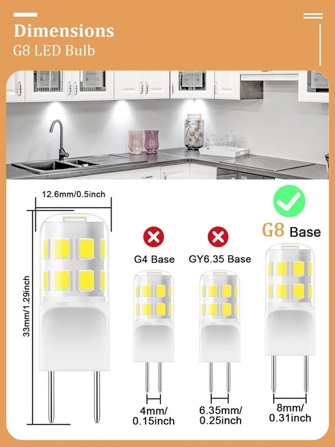 G8 LED Bulb Dimmable, 3W (20W-25W Halogen Equivalent), G8 GY8.6 Bi-Pin Base, T4 JCD Type 120V Mini G8 Bulb for Under Cabinet Puck Light, Under Cou...