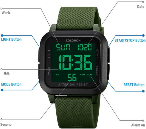 Square Men's Digital Watch Big Numbers Dial Large Face Waterproof LED Watches...
