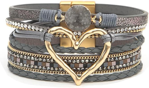 Fuqimanman2020 Heart Leather Wrap Bracelets Boho Stackable Cuff Bangles Resin Stone Rhinestone Bracelets with Clasp Christmas Jewelry Gift for Wom...