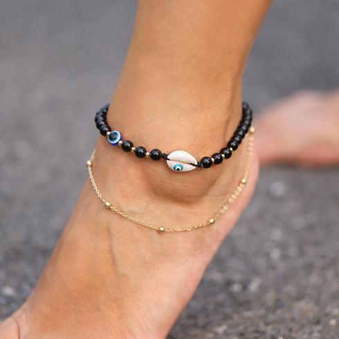 Summer Beach Shell Anklet Jewelry Protection Evil Eye Beaded Natural Obsidian Ankle Bracelets for Women Layered 14k Gold Plated Foot Chain 6mm...