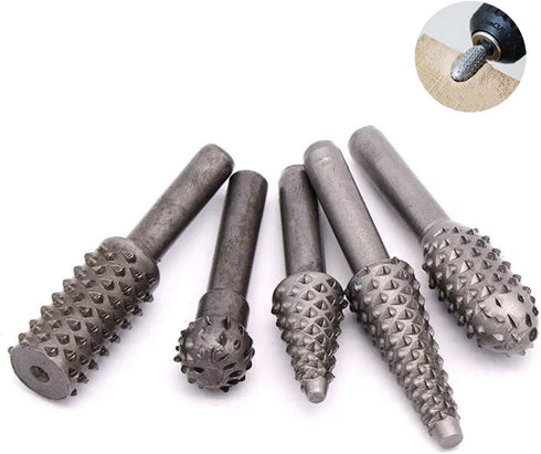 5 PCS Rotary Drill Bit Set Woodworking Rasp Wood Carving Bits 1/4” Shank Power Carving Bits Rotary Burr Set...