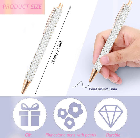 4 Pcs White Pearl Pens Rhinestone Metal Ballpoint Pens Sparkly Crystal Pens Black Ink for Women Girls Office School Supplies...