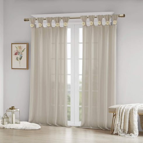 Madison Park Rosette Floral Embellished Cuff Tab Top Solid Single Window Treatments Sheer Curtain Panel Drape for Bedroom Living Room and Dorm, 50...