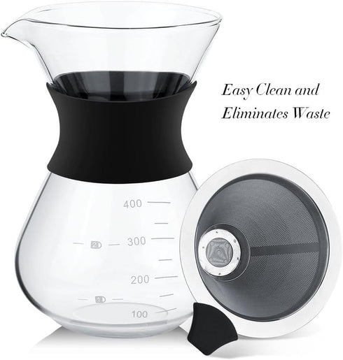 Pour Over Coffee Maker with Stainless Steel Filter, Glass Coffee Maker Drip Pot Reusable Glass Coffee Pot Manual Coffee Dripper Brewer, No Paper F...