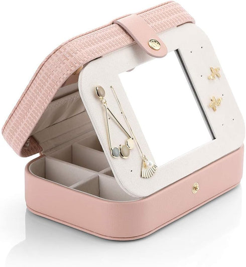 Vlando Small Travel Jewelry Box Organizer - Faux Leather Display Storage Case for Necklaces Earrings Rings, Woven Pink...