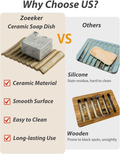Soap Dish for Countertop with Self Drain, Ceramic Bar Soap Holder for Sink, Japanese Soap Saver for Shower, with Self Drain, Lift Soap Keep Dry, Y...