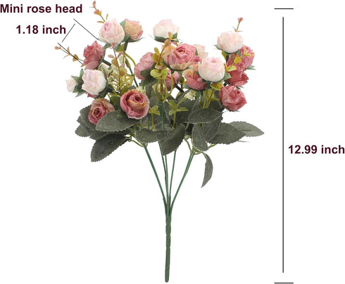 Duovlo 7 Branch 21 Mini Rose Heads Artificial Flowers Bouquet Wedding Home Office Decor,Pack of 4 (Pink)...