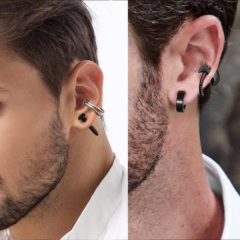 16 Pairs Stainless Steel Punk Y2K Black Dangle Earrings for Men, Axe Skull Screw Cone etc Huggie Hoop Long Chain Piercing Hoop Earrings Set for Un...