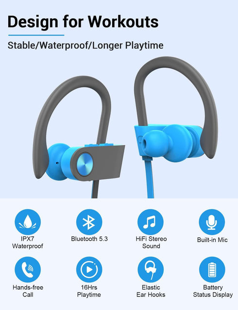Stiive Bluetooth Headphones, 5.3 Wireless Sports Earbuds IPX7 Waterproof with Mic, Stereo Sweatproof in-Ear Earphones, Noise Cancelling Headsets f...