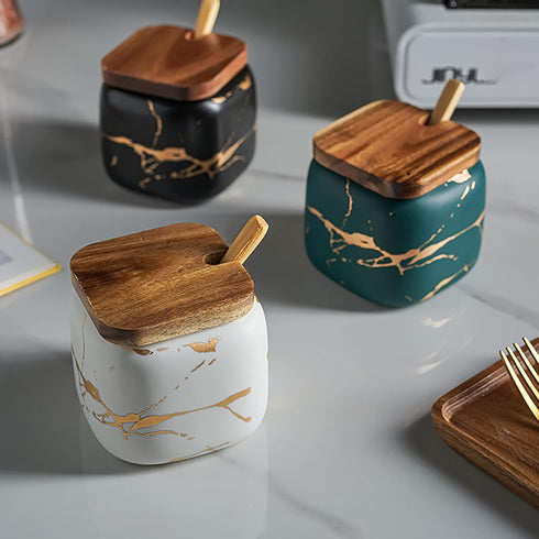 Marble Ceramics Sugar Bowl Ceramic Seasoning Box Ceramic Spice Jars Porcelain Condiment Pots with Lid and Spoon (White)...
