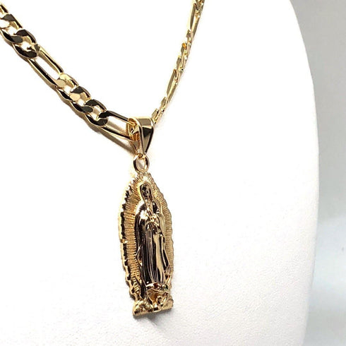 Gold Plated Virgin Mary Pendant Necklace Figaro 26" Virgen de Guadalupe Medalla Oro Laminado...
