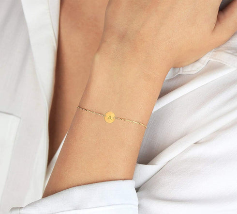 Personalized Initial Bracelet, 18K Gold Plated Stainless Steel Letter Bracelet Dainty Coin Charm Bracelet Delicate Disc Name Bracelet for Women...