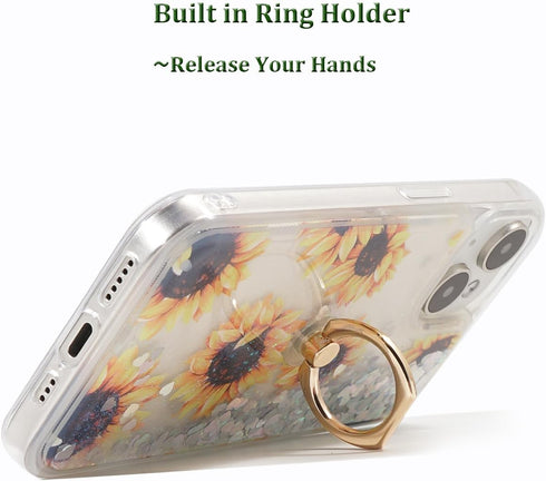 Glitter Case with Ring Holder Compatible with iPhone 15 Glitter Case Clear Ring Holder Kickstand Soft TPU Bling Girly Women Cute Liquid Holiday Ca...