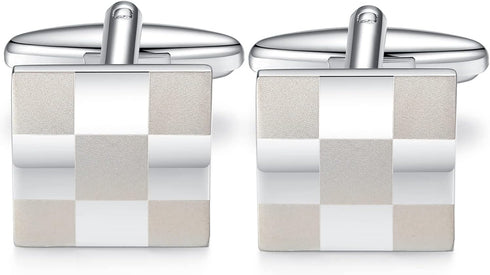 HONEY BEAR Square Lattice Cufflinks for Mens Shirt Steel Wedding Gift Silver...