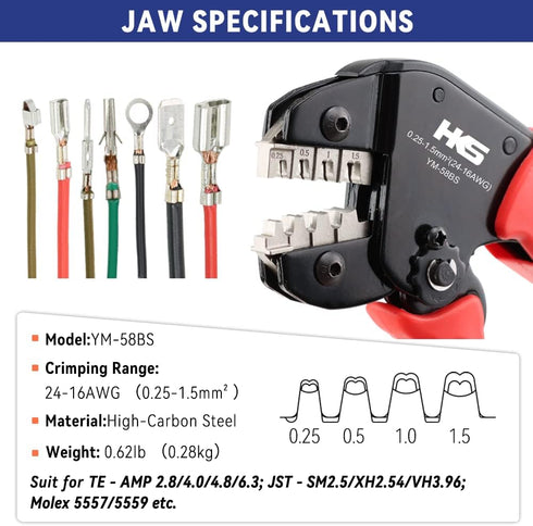 HKS Crimping Tool for Open Barrel Terminals - 24-16 AWG (0.25-1.5mm²) Labor-saving Crimper for AMP-TE 2.8/4.0/4.8/6.3 JST-SM2.54/XH2.54/VH3.96 & M...
