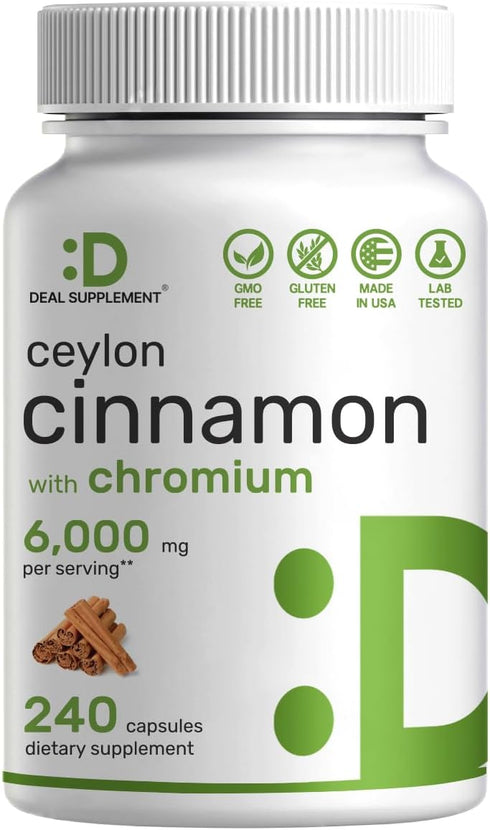 Ceylon Cinnamon 6000mg with Chromium 1000mcg, 240 Capsules | Active Inner Bark Extract, True Sri Lanka Source | Natural Cinnamon Supplements...