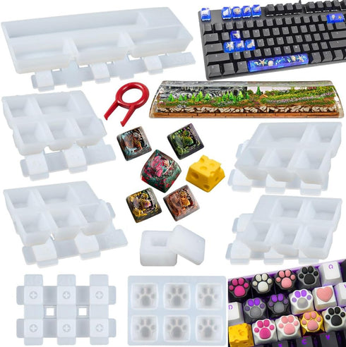 Keycaps Epoxy Resin Casting Molds Set for Mechanical Gaming Keyboard Polymer Clay Crafts 7 Silicone Trays with Key Puller...
