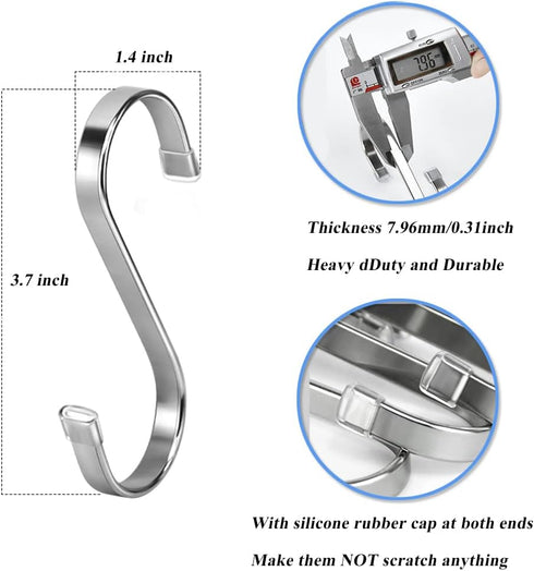 Heavy Duty S Hooks,Stainless Steel S Shaped Hook for Hanging Pots and Kitchenware, Utensils,Clothes, Bags, Cups,Towels, Plants-3.7 inch,8 pack...