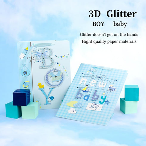 Golden J Store 16.5" Extra Large Baby Gift Bags with Tissue Papers for Baby Showers 2-Pack (Blue)...