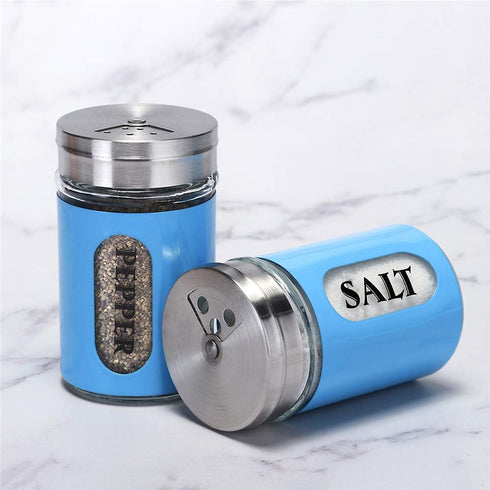 Salt and Pepper Shakers Stainless Steel and Glass Set with Adjustable Pour Holes (Blue)...