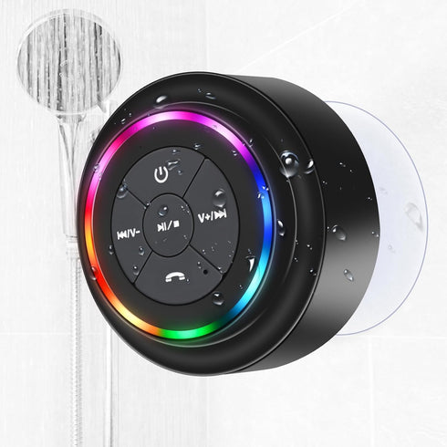 Bluetooth Waterproof Shower Speaker, Portable Wireless Speaker with Suction Cup Small Speaker with Colorful Lights, Teen Gift Ideas, for Shower, B...