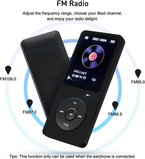 MP3 Player 32GB with Speaker Earphone Portable HiFi Lossless Sound MP3 Mini Music Player Voice Recorder E-Book HD Screen 1.8 inch Black Support up...