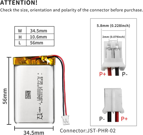 EEMB Lithium Polymer Battery 3.7V 2000mAh 103454 Lipo Rechargeable Battery Pack with Wire JST Connector for Speaker and Wireless Device- Confirm D...