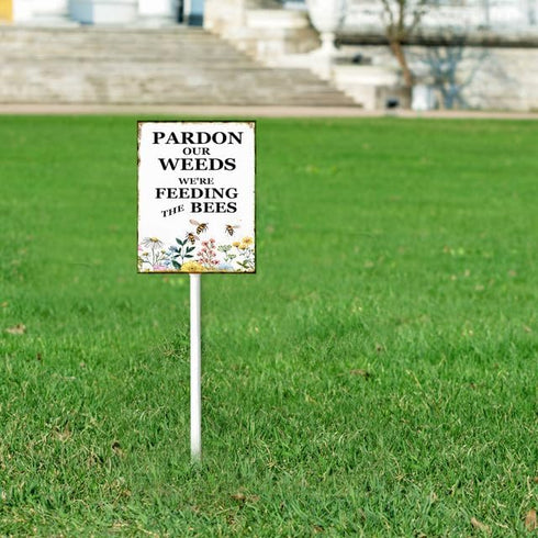 (8x12) IN Pardon Our Weeds We Are Feeding The Bees Yard Sign With Metal Stake For Garden Farm Decor Save The Bees Pollinator Lawn Sign Stand Tin W...