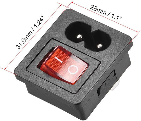 uxcell C8-8 Panel Mount Plug Adapter AC 250V 2.5A 2 Pins 1mm Buckle IEC Inlet Module Plug Power Connector Socket Straight with 3P Red Light ON-OFF...