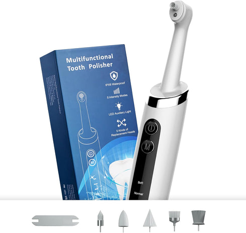 Tooth Polisher with 5 Replacement Heads and Clean Mode, Tooth Polisher Electric Professional USB Charging, IPX6 Waterproof for Adults & Kids White...