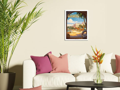 Hawaii Land of Surf & Sunshine - Waikiki Beach - Royal Hawaiian Hotel - Vintage Hawaiian Travel Poster by Kerne Erickson - Fine Art Matte Paper Pr...