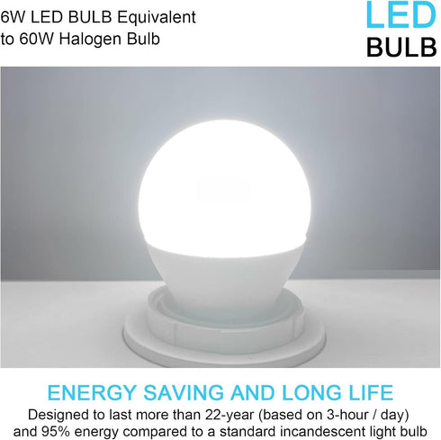 6W E26 Small Globe LED Bulb 60W Equivalent G45/A15 E26 Standard Screw Base 120V-265V Frosted Daylight White 750LM Waterproof for Fridge Light Pend...
