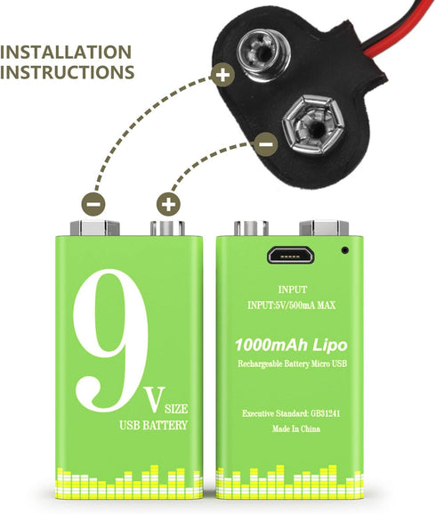 9V Rechargeable Battery Pack,2-Pack 1000mAh Li-ion USB Battery with Micro USB Port for Alarms Fire, Multimeters,Wireless Microphones,Smoke Detecto...