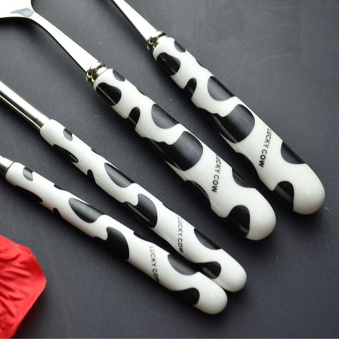OLizee® Cute Creative Cow Pattern Design Flatware Set of 3 Ceramics Handle Stainless Steel Spoon Fork Chopsticks for Traveling Portable Lovely Ani...