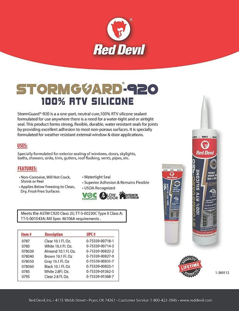 Red Devil 0780 StormGuard 920 100% RTV Silicone Window and Door Sealant, A Water-Resistant Adhesive for Interior and Exterior Use, 10.1 oz. Tube, ...