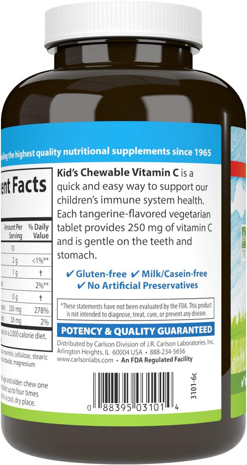 Carlson - Kid's Chewable Vitamin C, 250 mg, 1 g of Sugars, Immune Support & Optimal Wellness, Antioxidant, Tangerine, 120 Vegetarian Tablets...