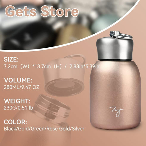 Gets Mini 9 oz Stainless Steel Water Bottle, 280ML Vacuum Insulated Water Bottle Leak Proof Sport Tumbler Cup Hot and Cold Water Bottle (Rose gold...