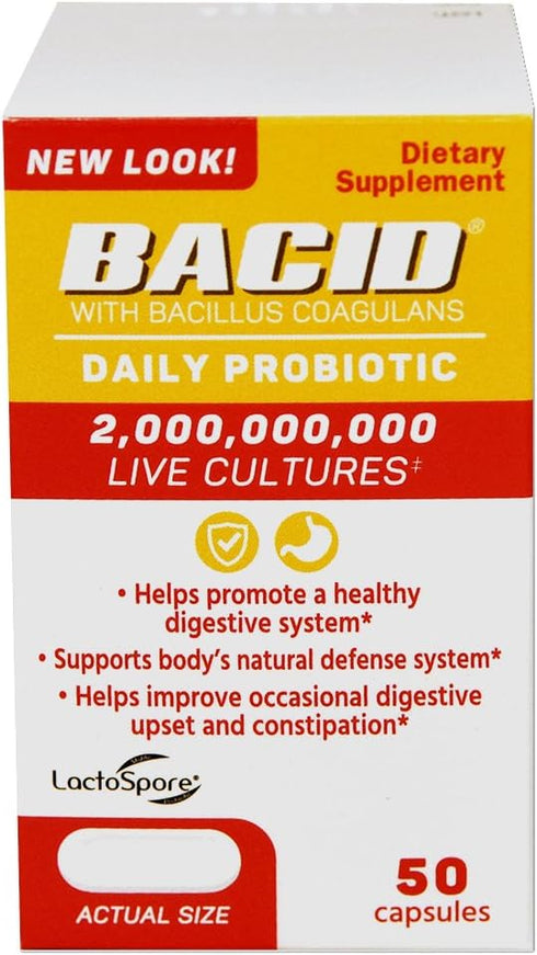 Daily Probiotic, Dietary Supplement for Digestive Health, 2 Billion Bacillus Coagulans Live Cultures, White, 50 Count...