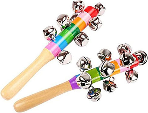 2 Pack Vivid Color Rainbow Handle Wooden Bells Jingle Stick Shaker Rattle 10 Jingle Bells Baby Kids Children Musical Toys...
