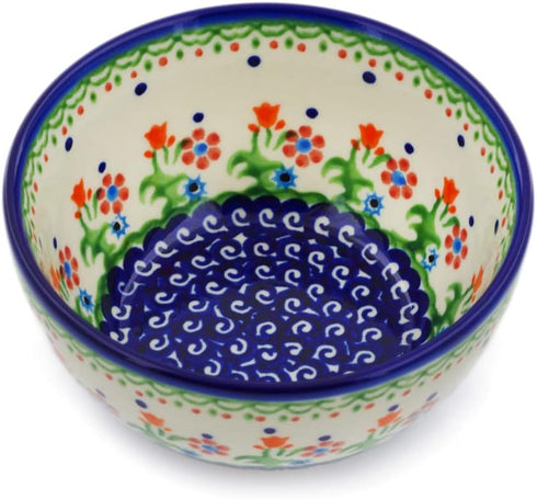 Authentic Polish Pottery Bowl 5-inch in Spring Flowers Design Handmade in Boles?awiec Poland by Ceramika Bona + Certificate of Authenticity...
