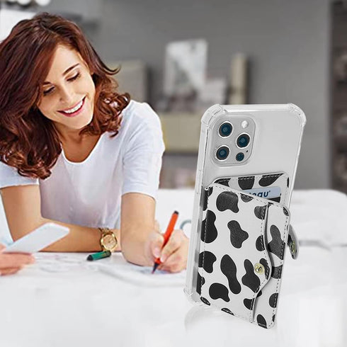 M-Plateau Phone Card Holder, Stick On with Snap Closure 3M Adhesive Leather Phone Wallet Work with iPhone 14 Case and Most Smartphones (Cow Print)...