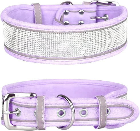 Rhinestone Dog Collar, Dazzling Sparkling Soft Suede Reflective Large Dog Collar Crystal Diamond Collar for Medium & Large Dogs (S:12-15", Purple)...