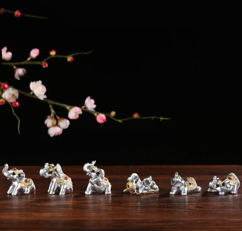 BRABUD Silver Resin Small Elephants Statues Home Decoration Collection Gift Set of 6 BS122 (Silver)...