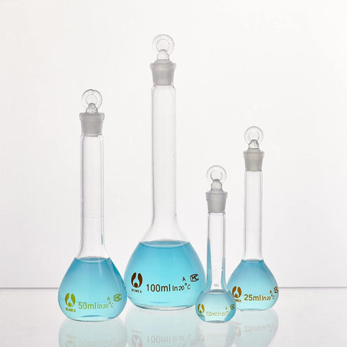 OLYCRAFT 4pcs Volumetric Flask 10ml/25ml/50ml/100ml Volumetric Flask Set with Glass Cap Durability & Chemical Resistance Glass Bottle for Laborato...